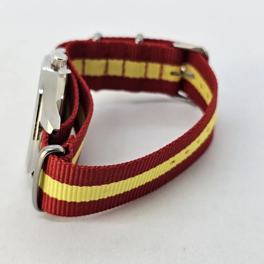 Men's 42MM Field Watch Black Dial Gray‎ Case Red Yellow Canvas Band Strap